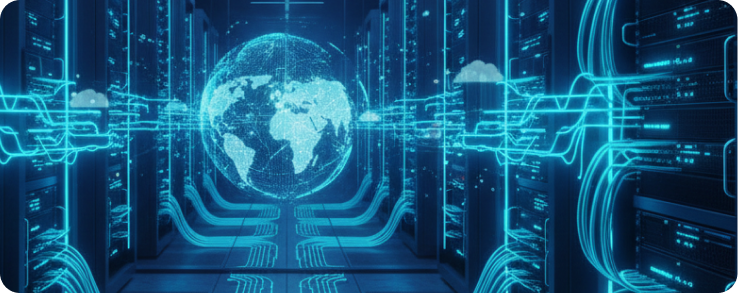 Global cloud network glowing inside a data center corridor